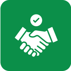 Handshake icon with a checkmark above.