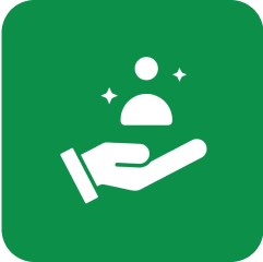 Hand holding person icon on green background.